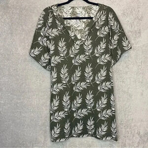 Croft & Barrow Top Womens 3X Green Floral Short Sleeve V Neck Linen Casual P1